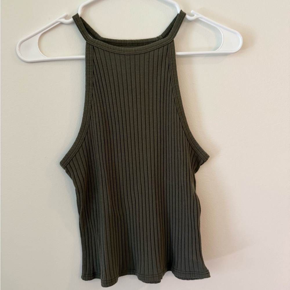 Ribbed High-Neck Tank Top - Olive Green